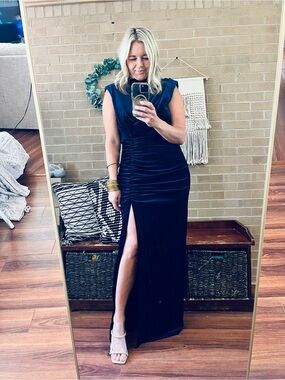 heavenly hues navy blue maxi dress Margot High-Neck Satin Maxi Dress